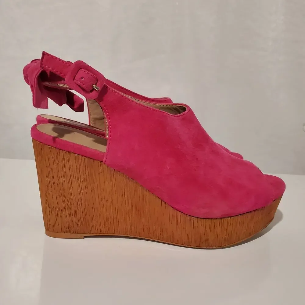 Anthropologie Bow Back Suede Leather Wood Wedge Sandal Size 6M Hot Pink Open Toe